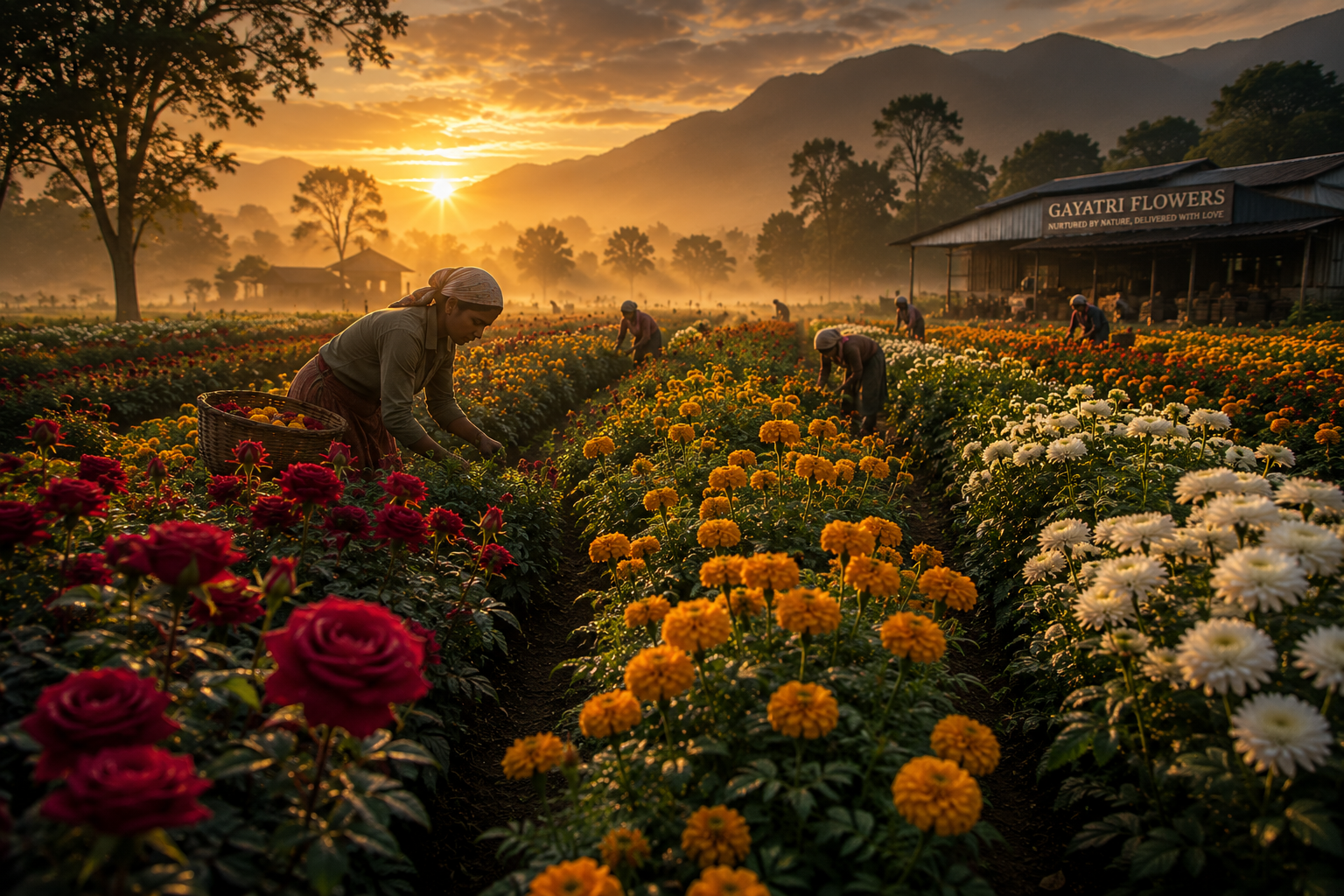 Marigold fields at Gayatri Flowers Suppliers own farm in Shirdi, Maharashtra