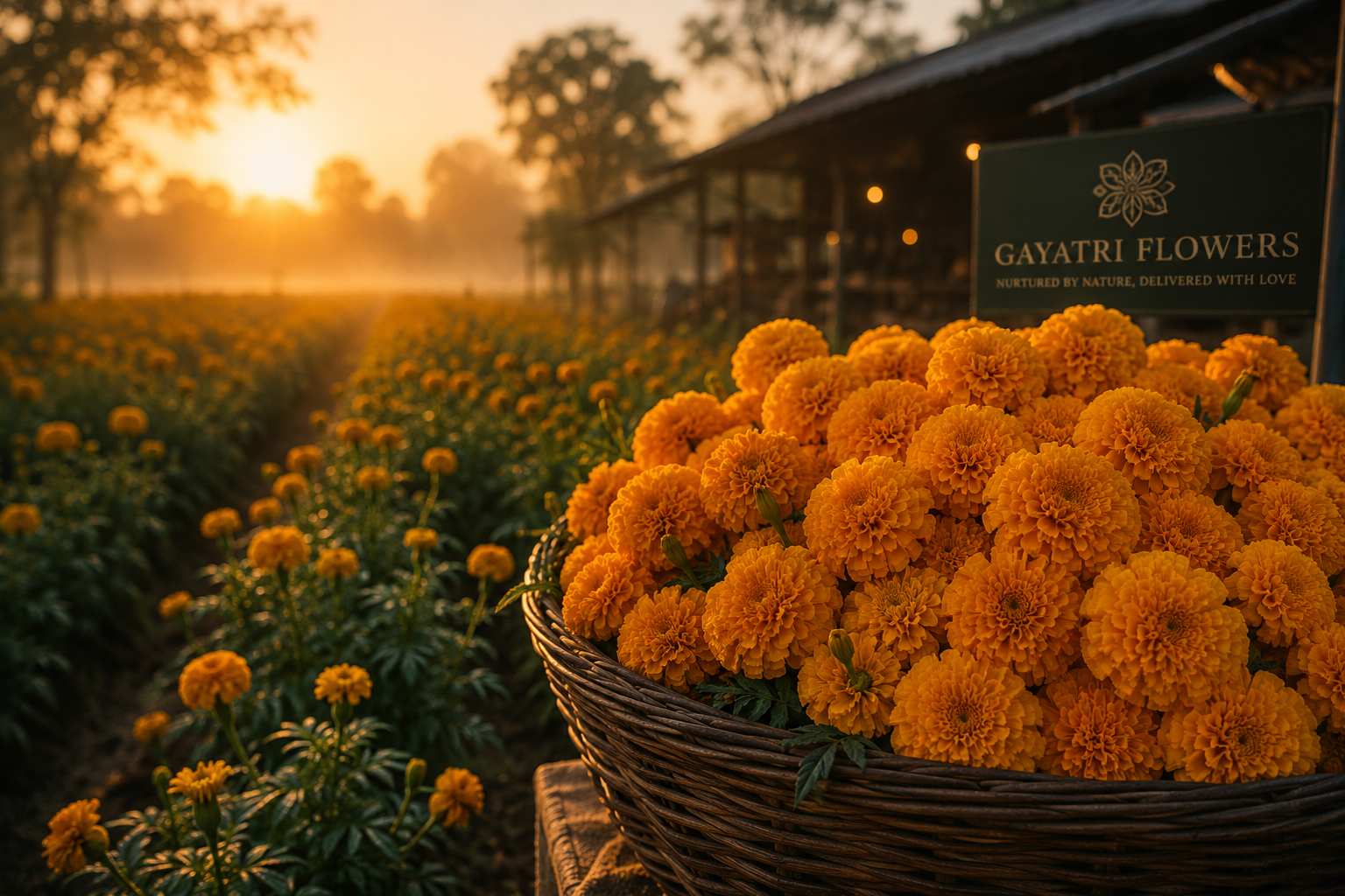 Fresh marigold harvest at Gayatri Flowers Suppliers farm in Shirdi, Maharashtra